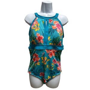 Lands End Blue Orange Floral Tummy Control Padded Size 10 DD